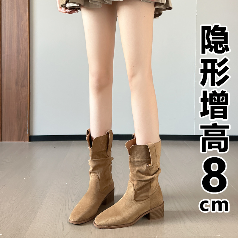 玟言百丽马丁靴小个子内增高靴子女新款春夏季高跟中筒短靴堆堆靴