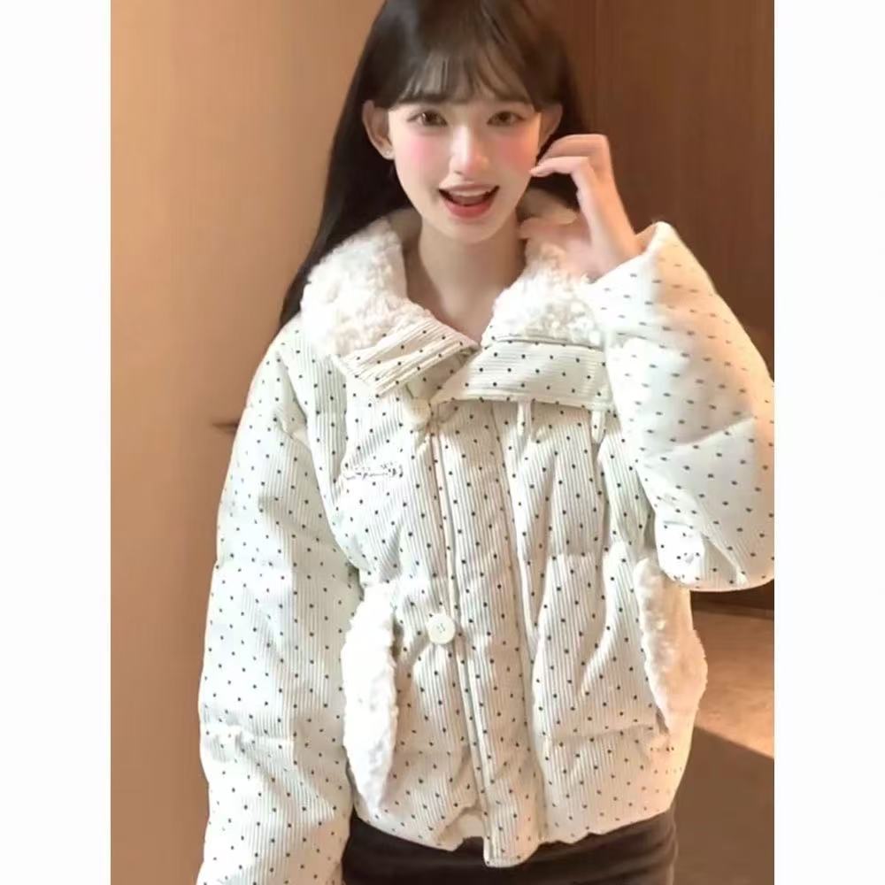 韩系设计波点棉服毛领冬季甜美新款加厚宽松棉袄外套面包短款棉服