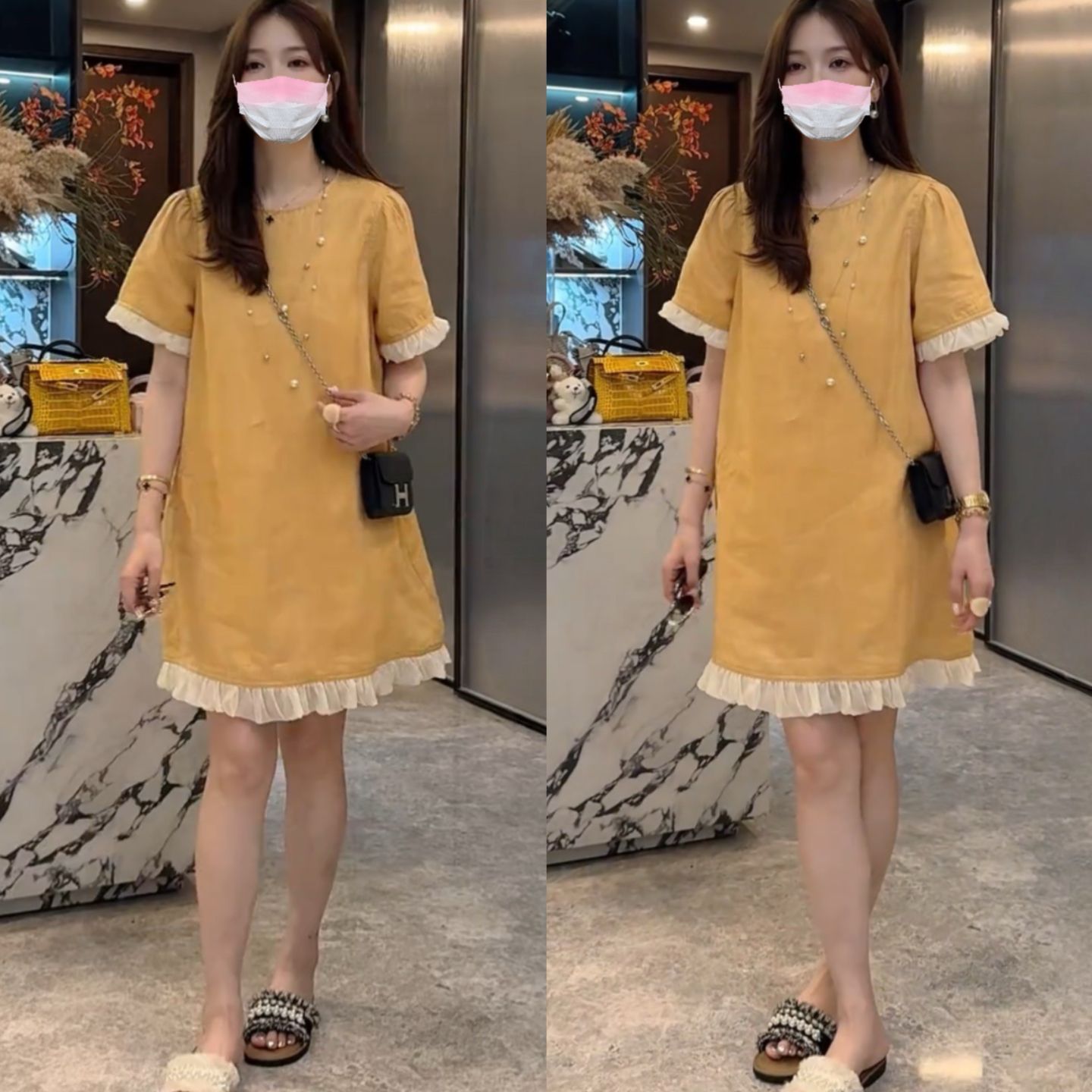 法式时尚木耳边拼接网纱短袖连衣裙女夏甜美宽松气质a字短裙8088