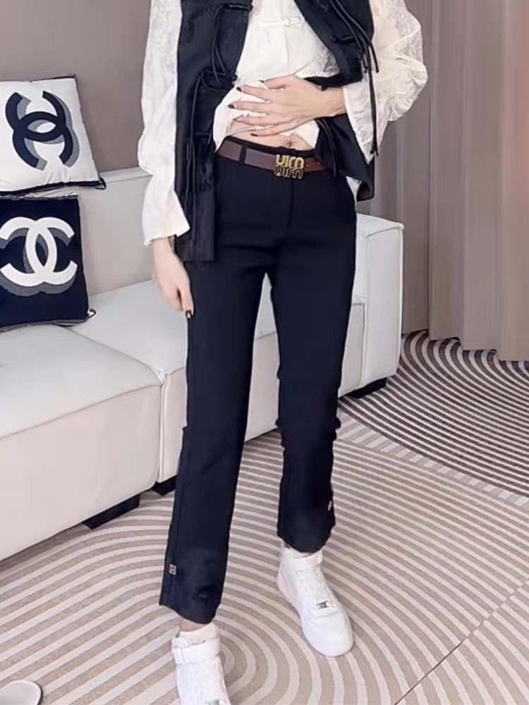 中腰九分裤西装春季新中式高腰拼接休闲裤修身开叉微喇时尚