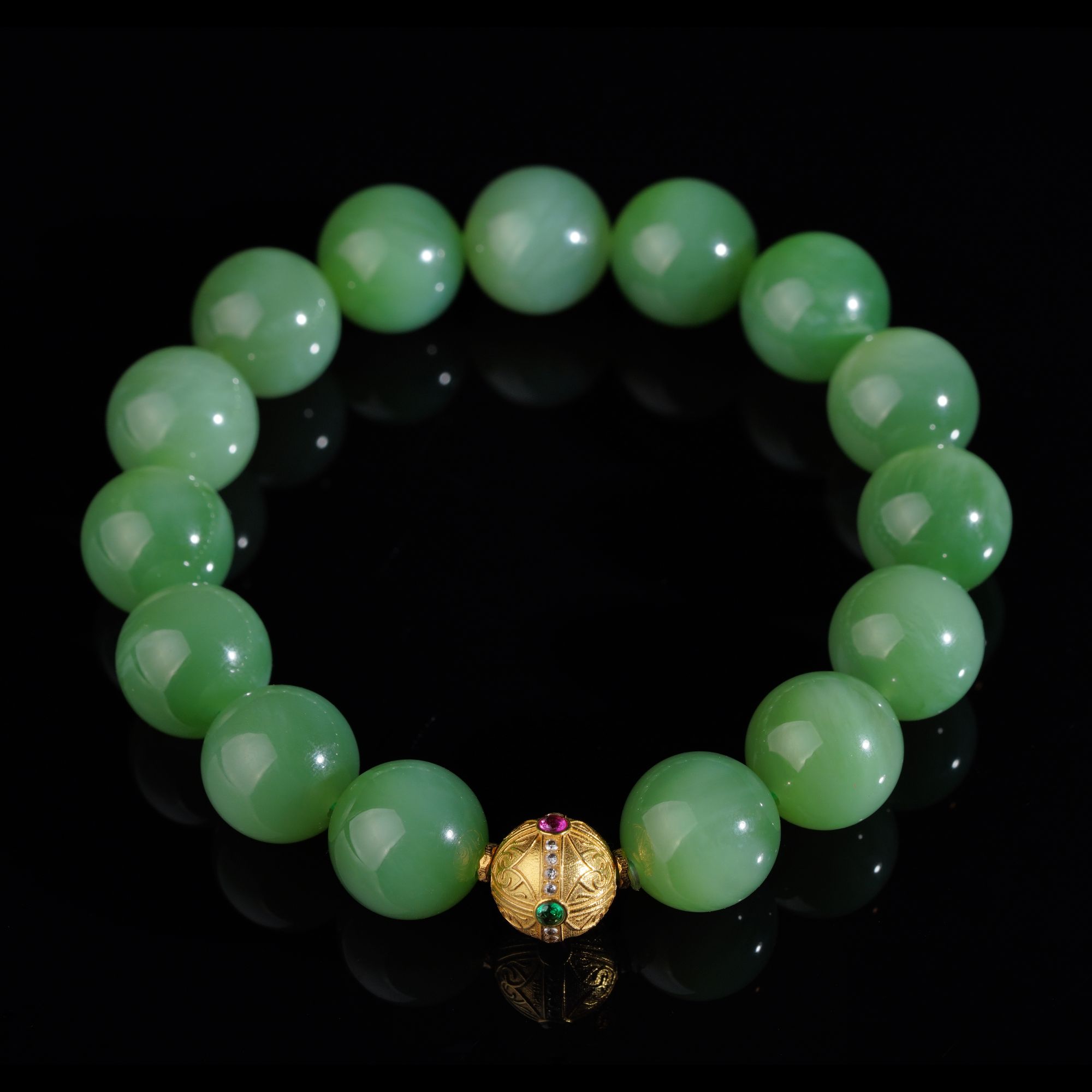 【鹿鸣】时转 | 18k金和田玉粉青圆珠手串  12mm  P168