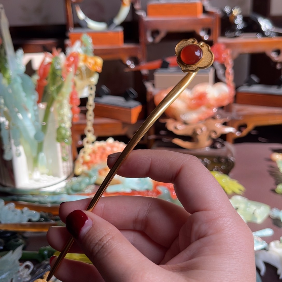 南红玛瑙发饰银S925镀金镶嵌