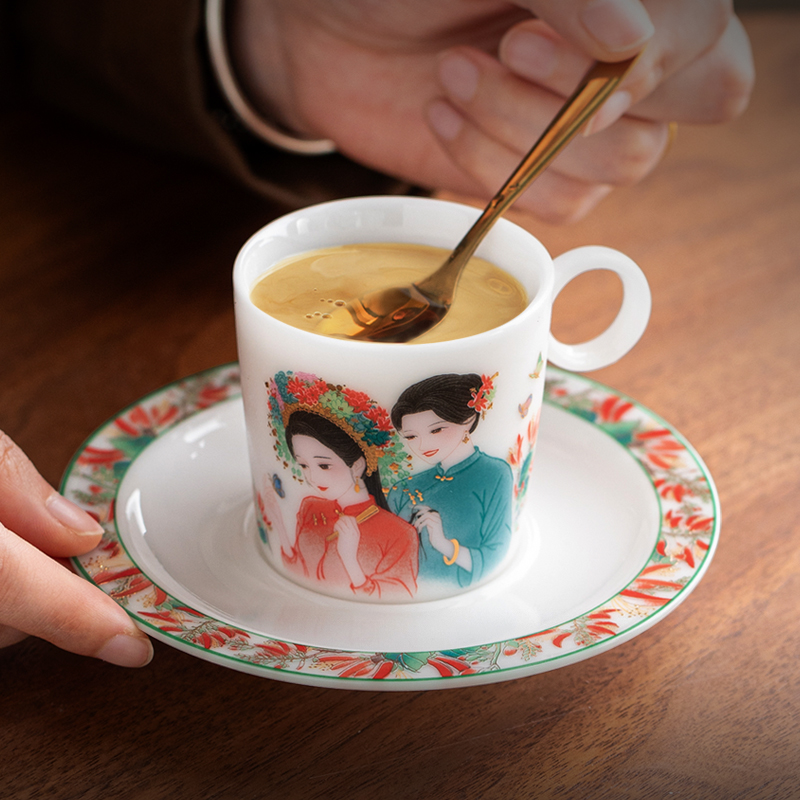 徐建勇原创 簪花咖啡杯 白瓷咖啡杯 红茶杯 簪花