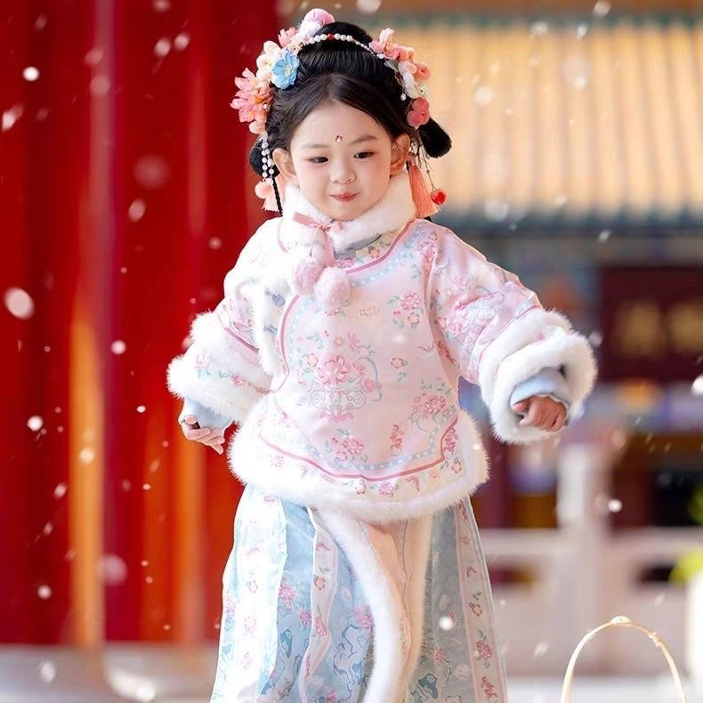 女童汉服冬装宝宝中国风套装女孩古装儿童冬季唐装拜年服加厚新款