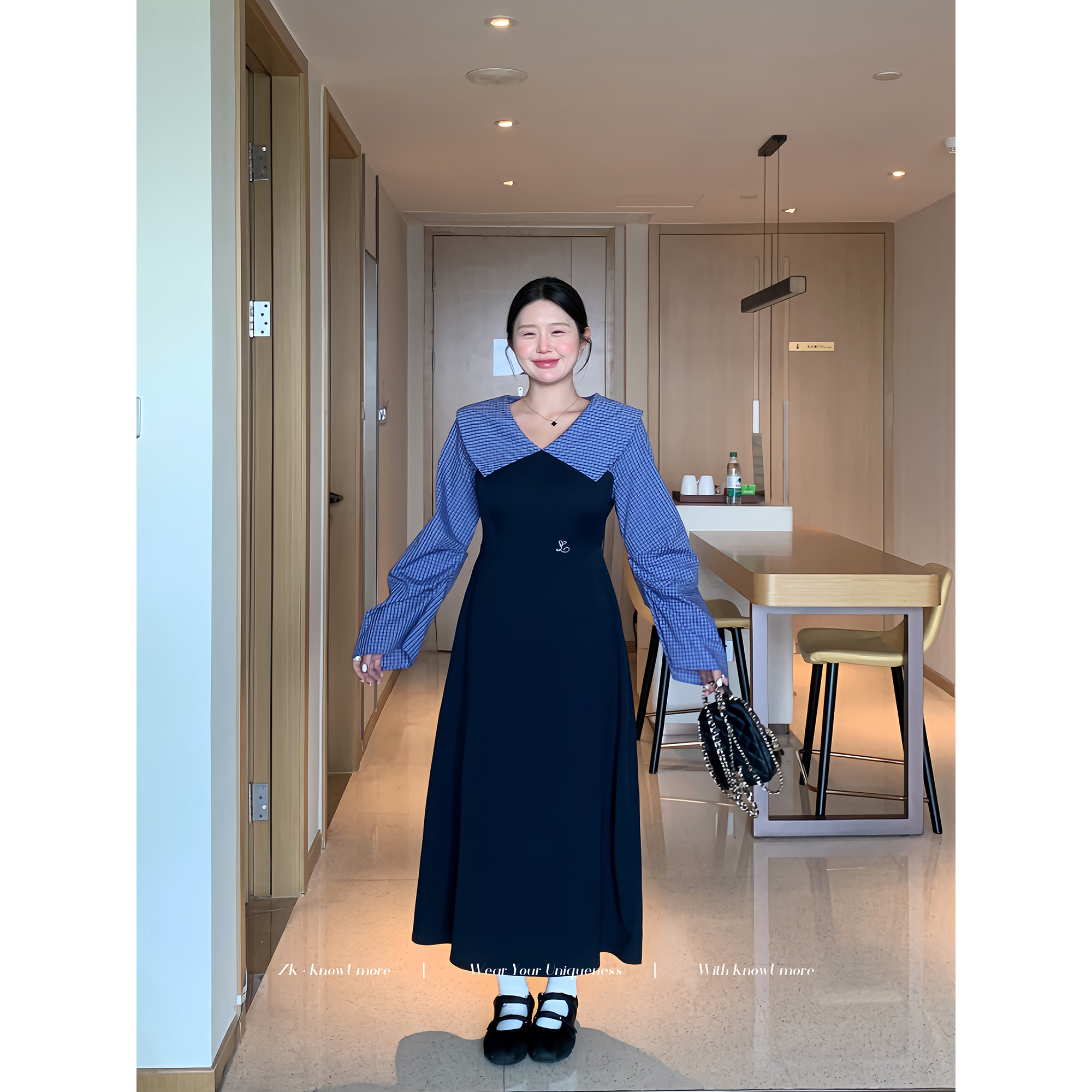 知葵微胖【蔚蓝篇章】初秋韩系翻领学院风休闲连衣裙12253L0267