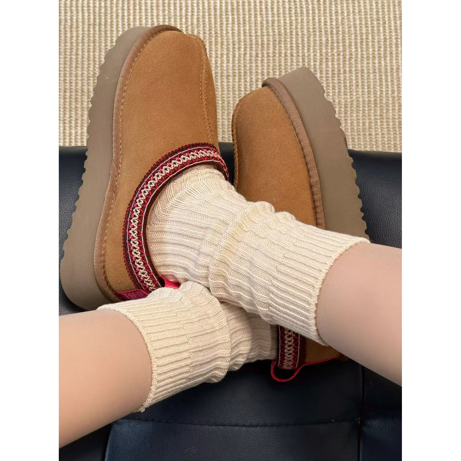 【厚底民族风】桑坡女款皮毛一体雪地靴一脚蹬冬季高跟加厚外穿时尚