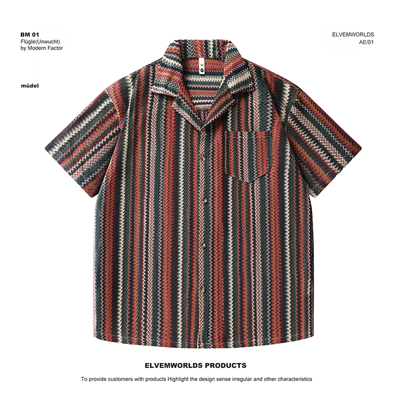 夏季新款复古撞色竖条纹古巴领宽松慵懒度假风镂空编织衬衫K0007