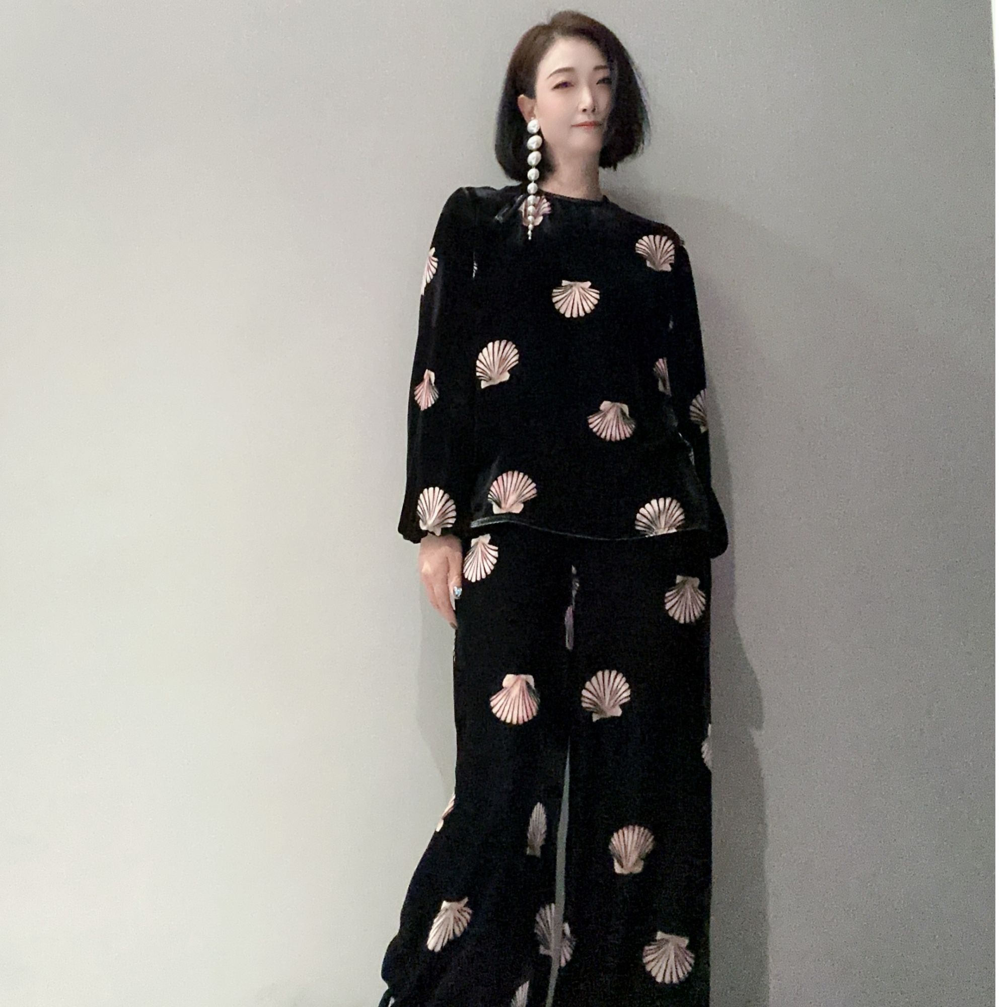 高定轻奢桑蚕丝丝绒印花长袖宽松圆领上衣裤子套装