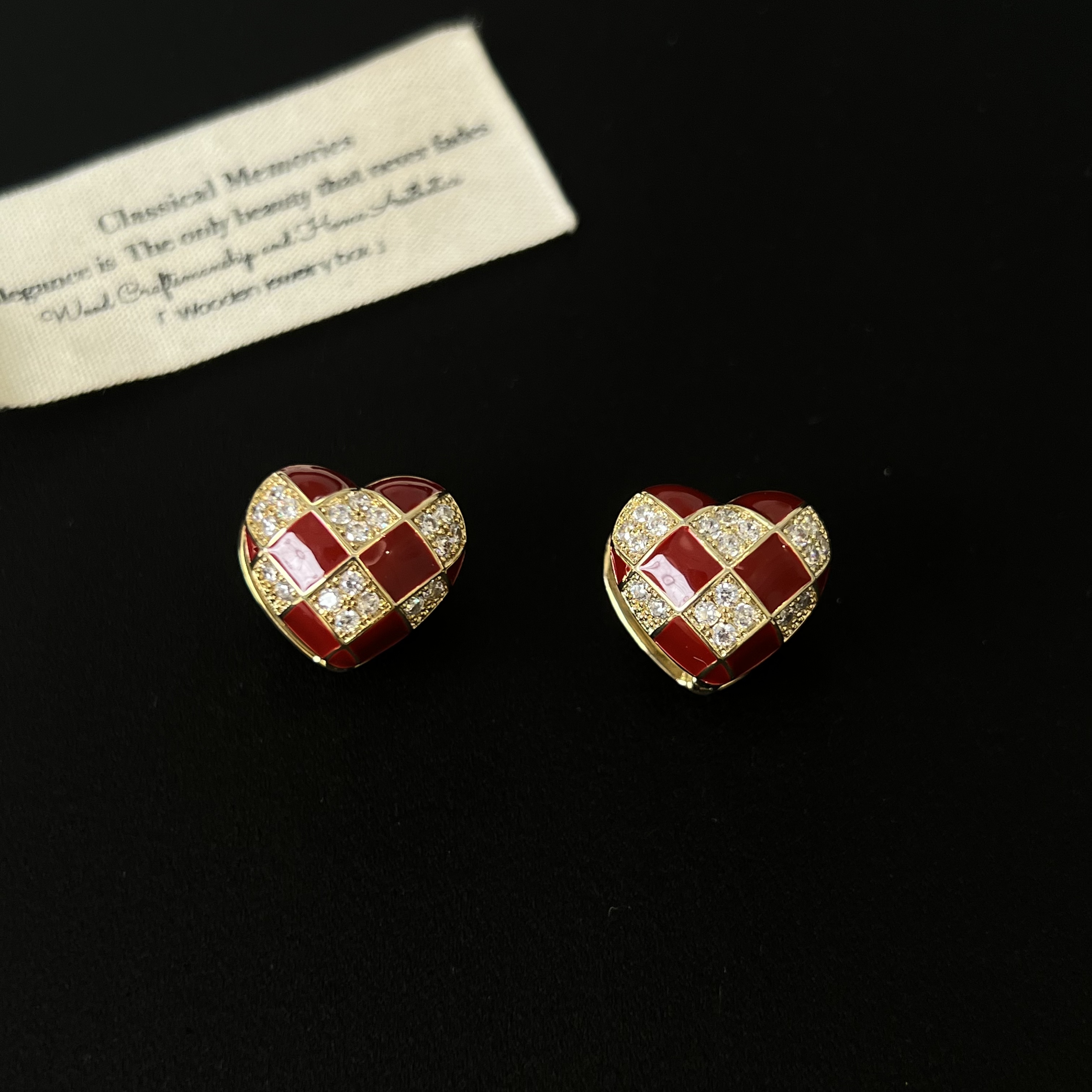 铜合金耳饰 气质红色桃心棋盘格耳环726