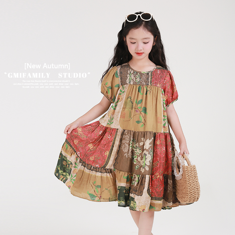 女童连衣裙异域民族风印花2025夏季新款波西米亚休闲复古儿童裙子