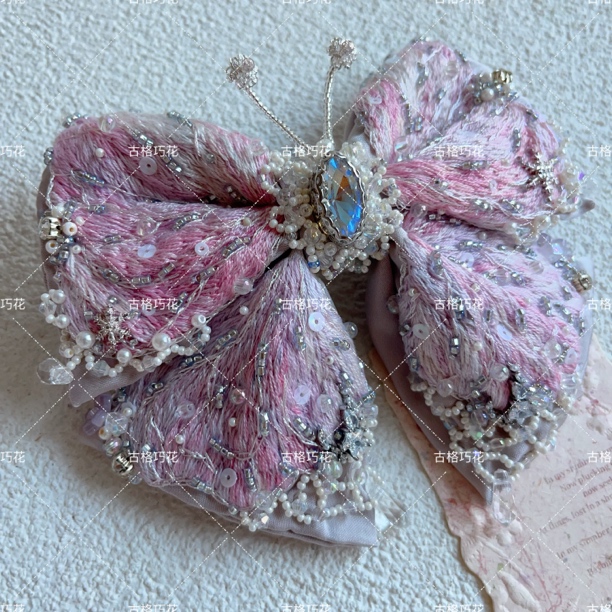 粉色蝴蝶原创设计手工刺绣粉蝴蝶结头饰少女风韩版甜美发饰发夹