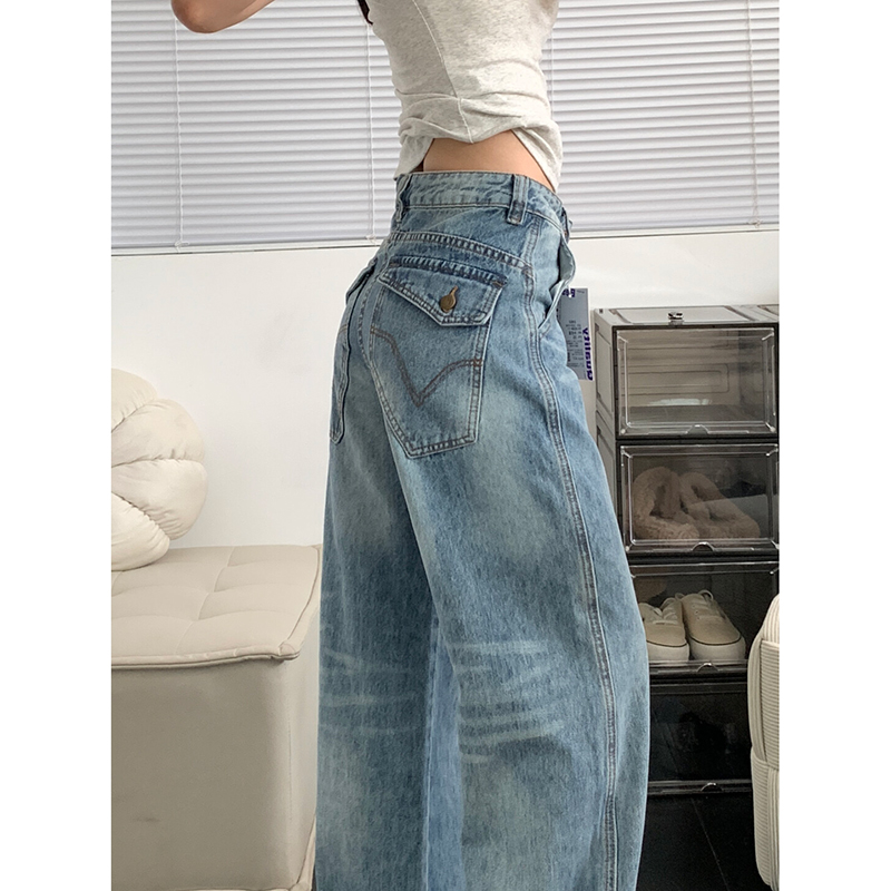 复古不规则口袋刺绣牛仔裤女秋冬新款美式工装做旧水洗宽松阔腿裤