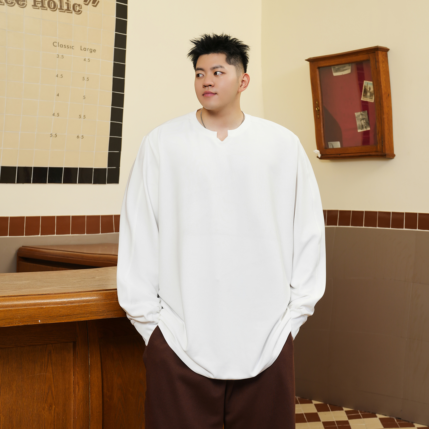 THE PANG潮牌大码男装2025秋胖子宽松休闲长袖t恤男士纯色打底衫