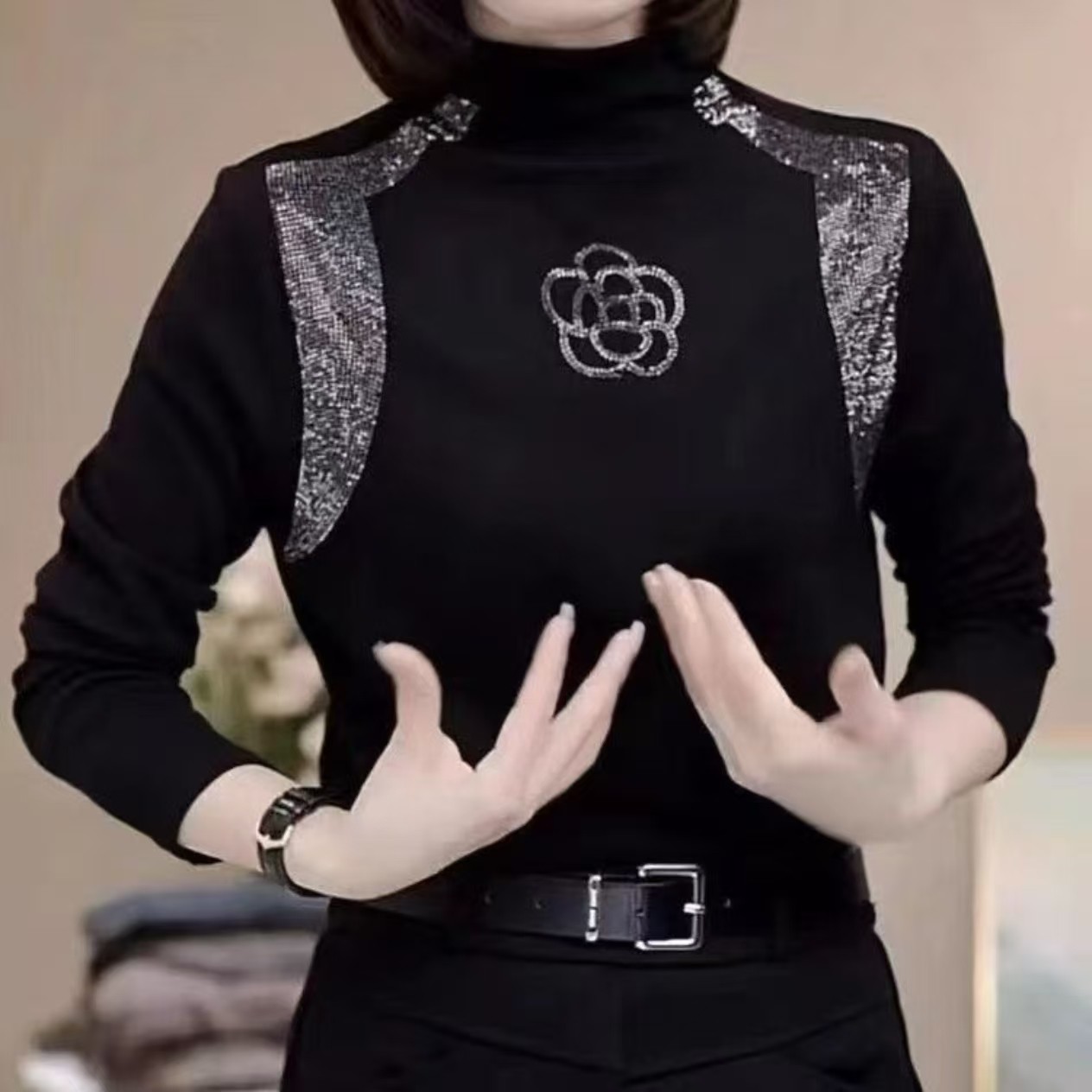 【100%好毛衫】半高领山茶花烫钻不缩水纯色立领针织衫常规宽松厚款