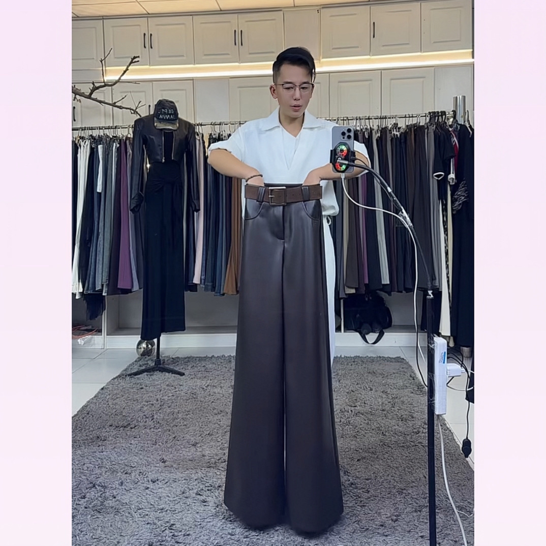 佳燕龙原创3336美式复古纯欲高腰显瘦阔腿拉绒皮裤女休闲百搭长裤