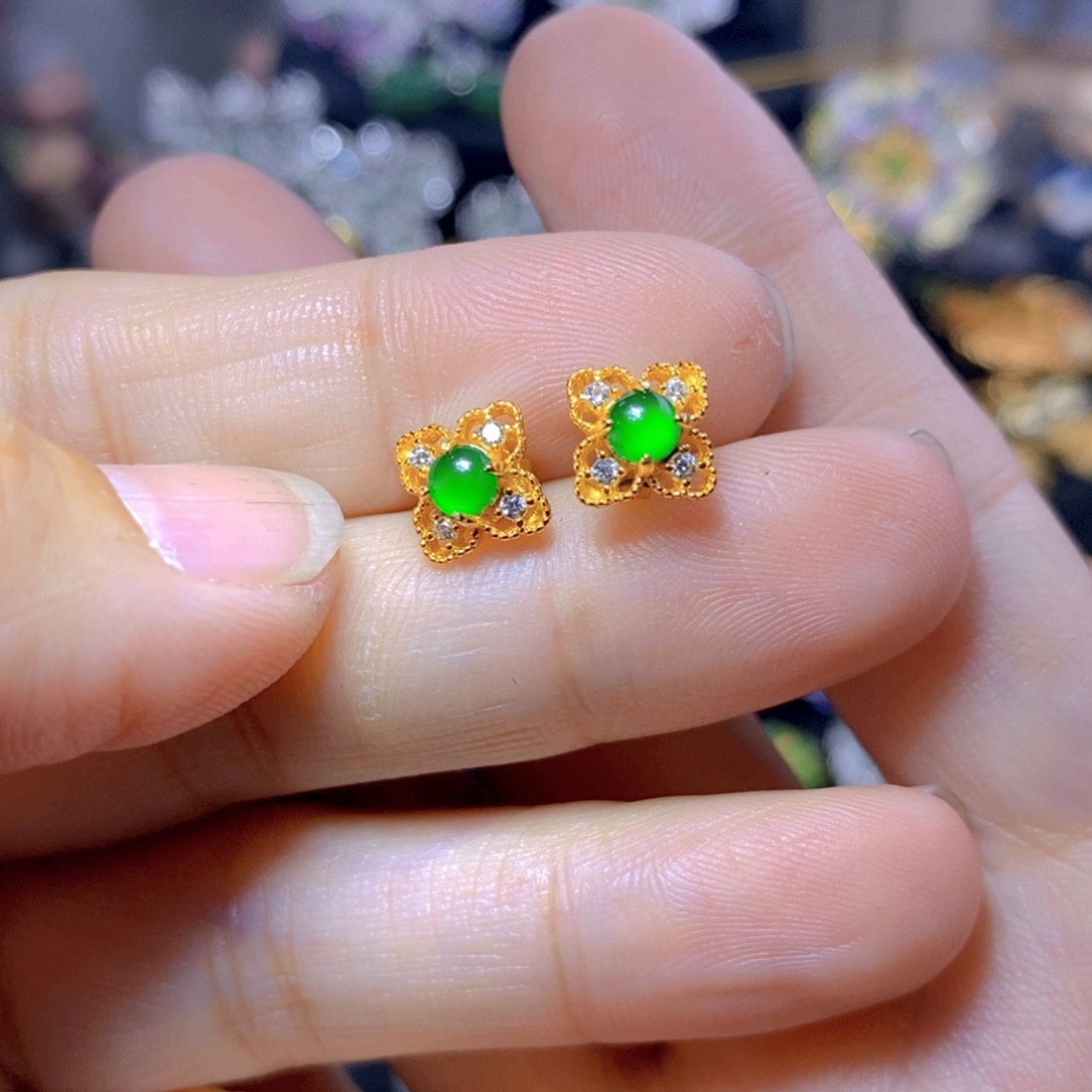 翡翠耳钉银S925镶嵌天然翡翠