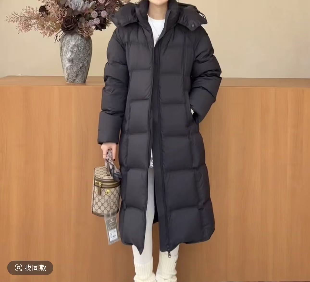 【8758 发如雪】香港一诺新国标90白鸭绒帽子可拆卸过膝长款羽绒服