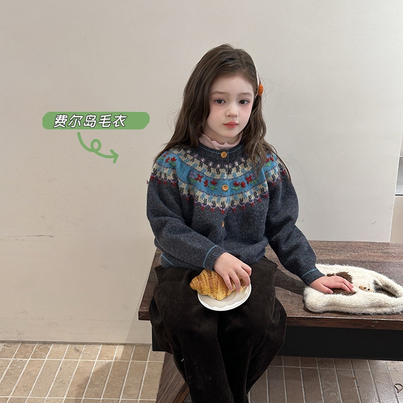 【加厚】女童复古浪漫费尔岛毛衣儿童氛围感针织开衫外套25G097