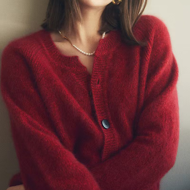 加厚网红女装春秋厚款纯羊毛秋冬圆领开衫宽松型针织羊毛衫外套