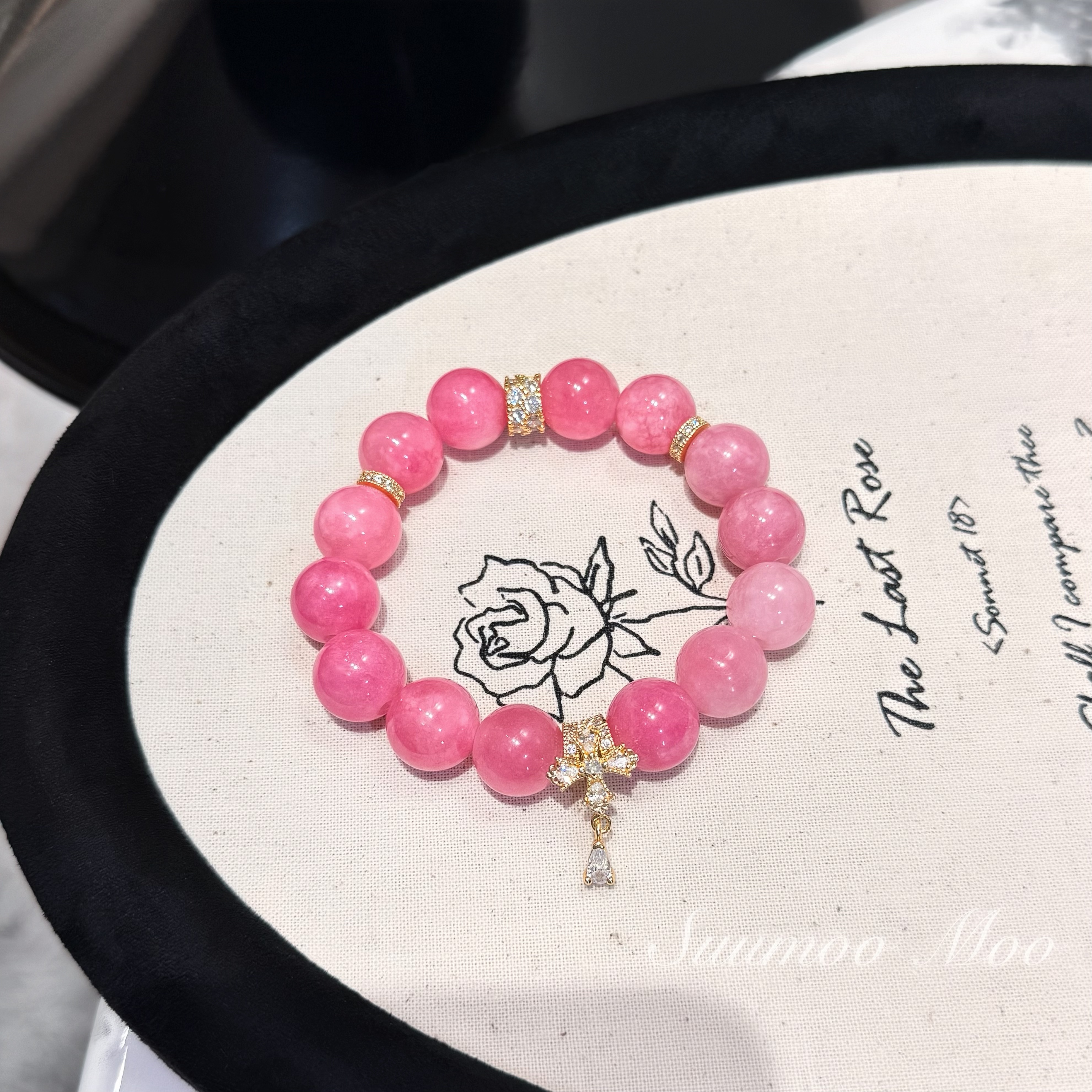 天然粉色石英质玉珠珠手链