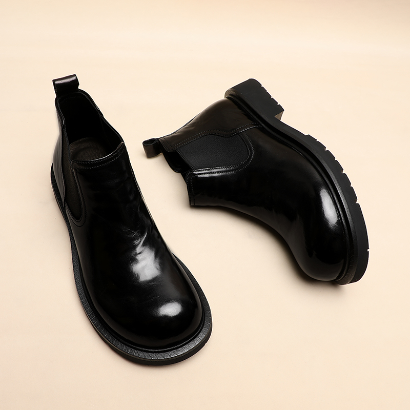 英伦风时尚百搭商务休闲圆头高帮切尔西靴厚底套筒手抓纹牛皮短靴