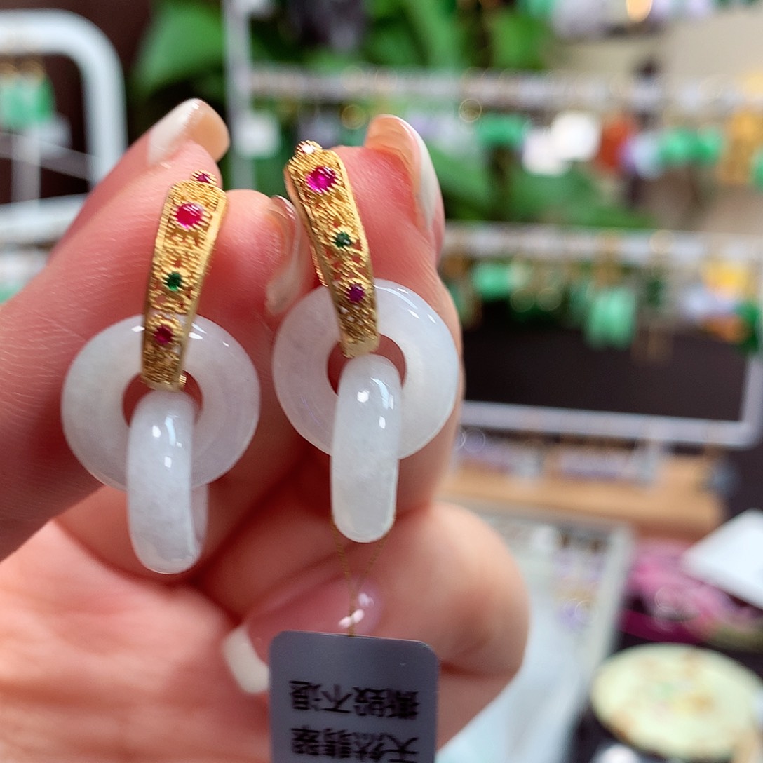 翡翠耳饰银S925镶嵌天然翡翠
