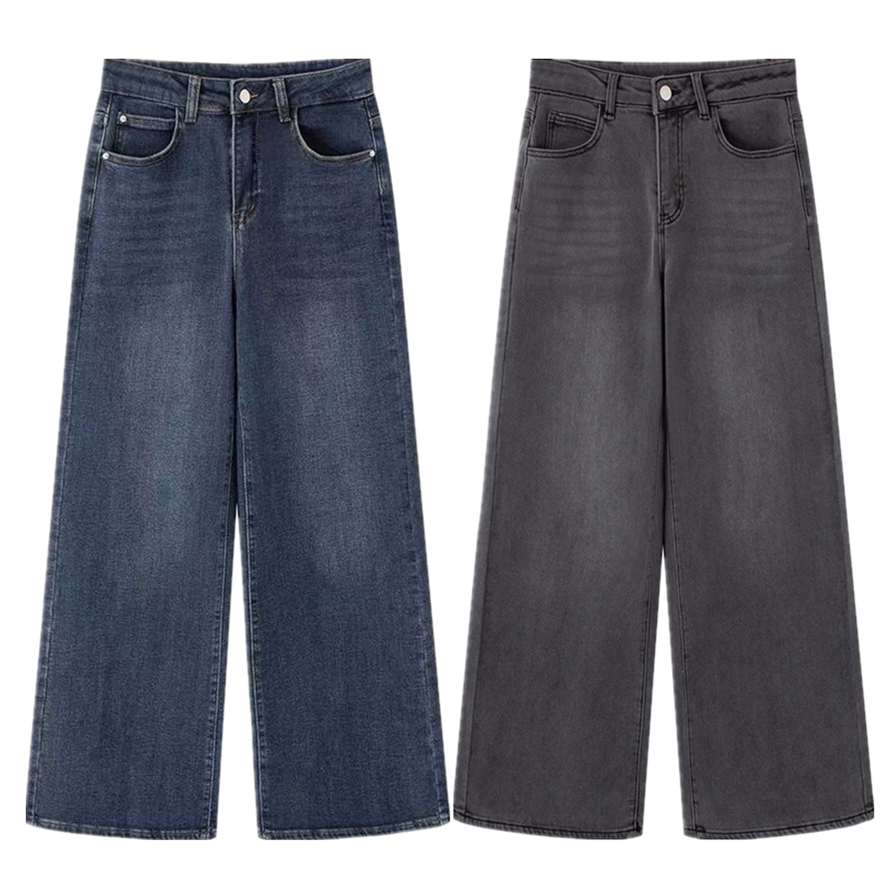 MM商场同款2025冬季新款宽松加绒阔腿裤直筒高腰显瘦牛仔裤女0452