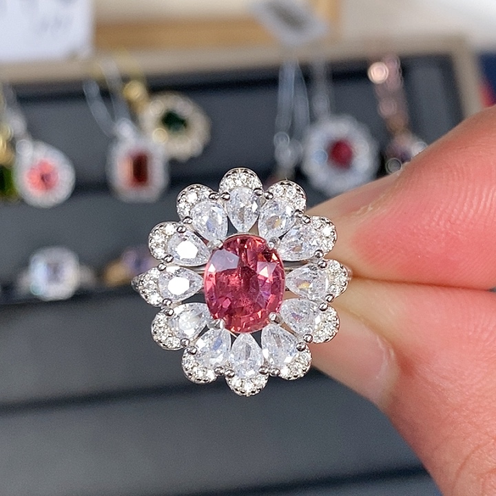 红色碧玺戒指银S925镶嵌