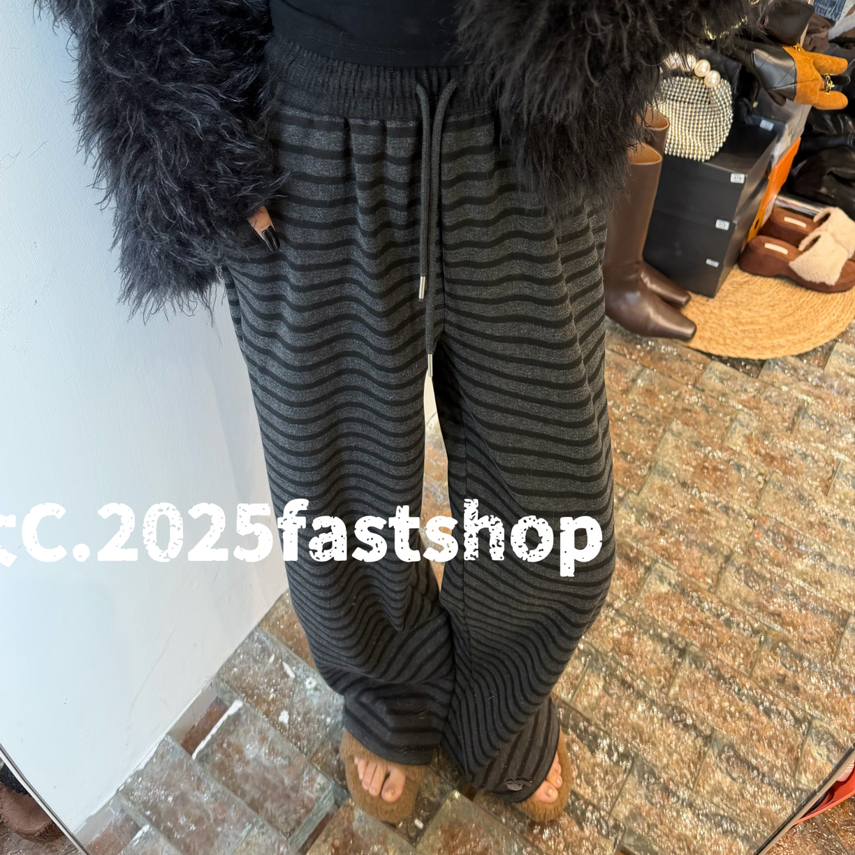 【CXX】冬季新品加绒撞色条纹高腰阔腿慵懒风休闲裤