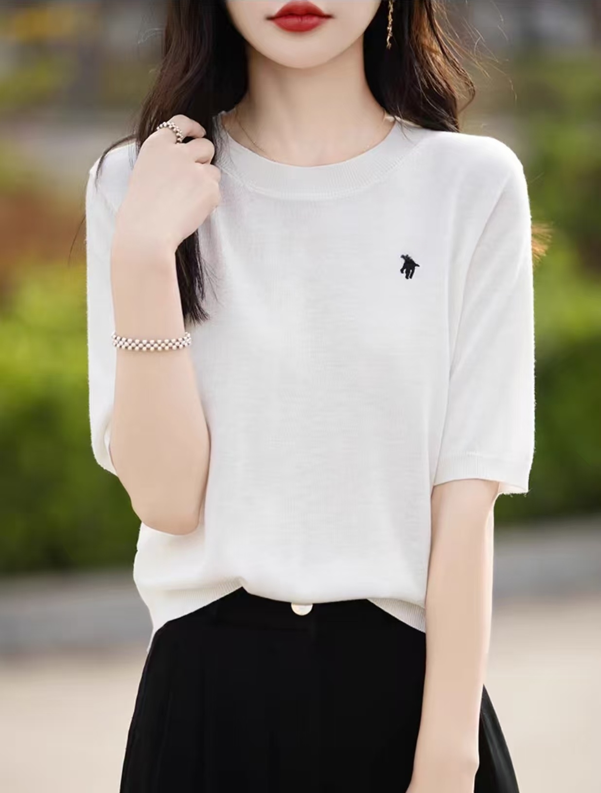 天丝桑蚕丝超薄夏季宽松圆领简约女生韩版纯色针织短袖针织T恤