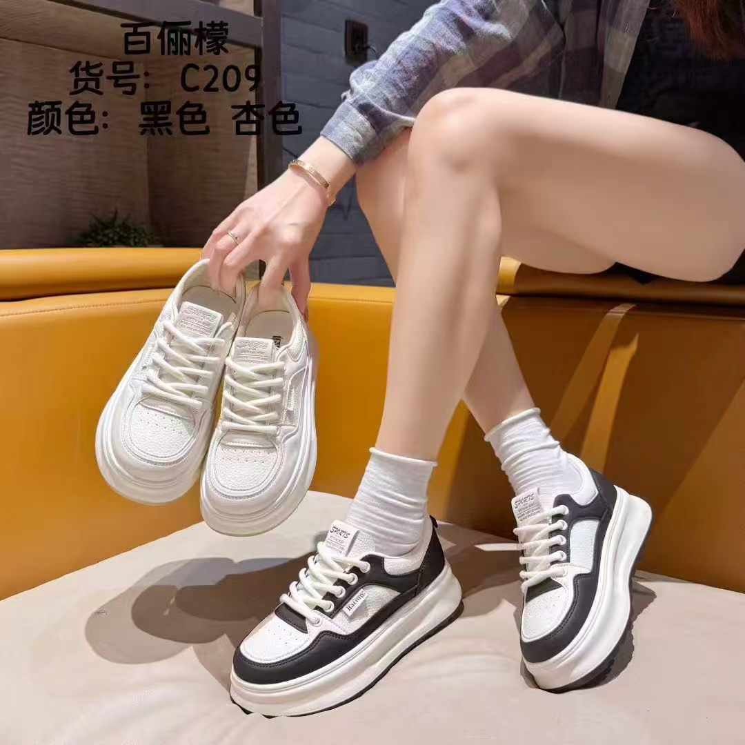 真皮厚底5公分小白鞋女2025秋新款圆头系带增高显瘦时尚休闲C209