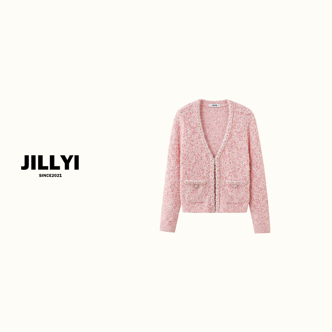 JILLYI【浅粉国度】桃粉色深V领流苏编织工艺少女气质时尚针织开衫