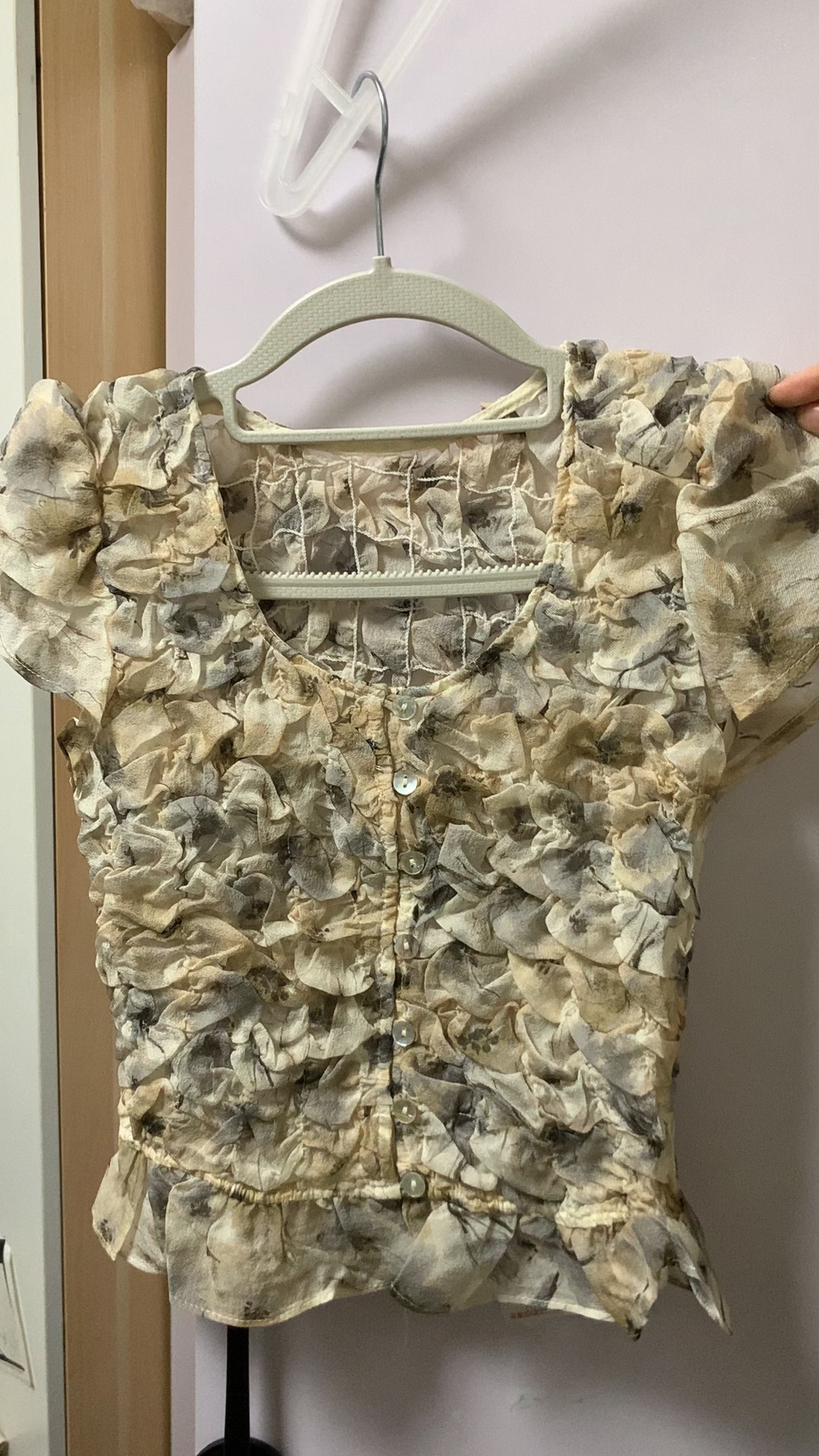 7261碎花印染捏褶拼接短袖h家夏季上衣短款圆领