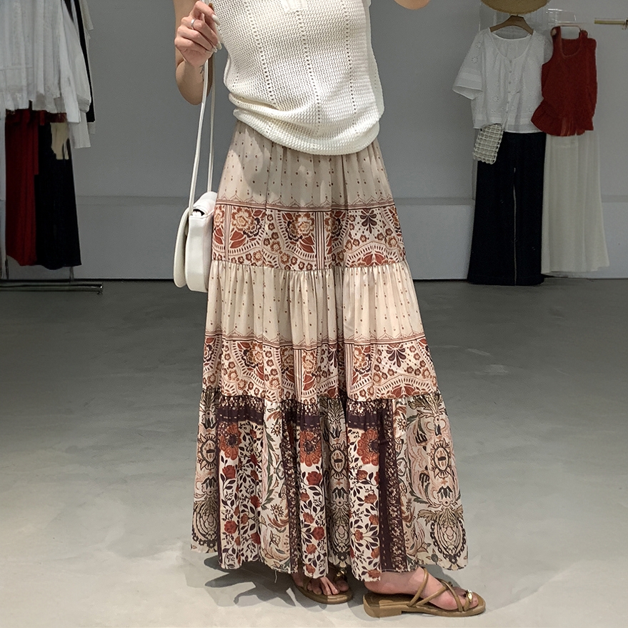 【将军工厂店】波西米亚度假风抽绳拼接半身裙2025春夏新款高腰长裙
