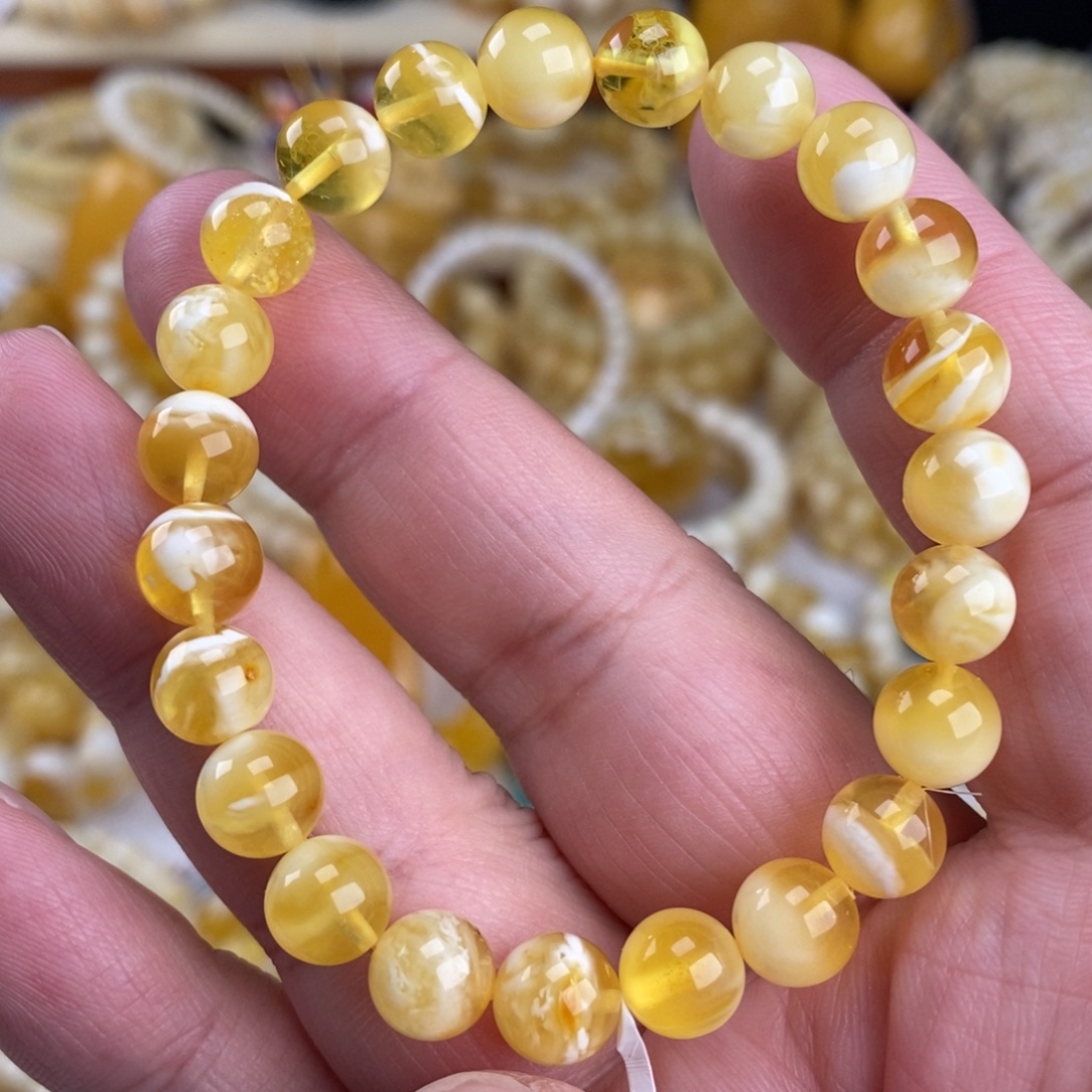 手链蜜蜡未镶嵌金瓷白妖花8mm圆珠