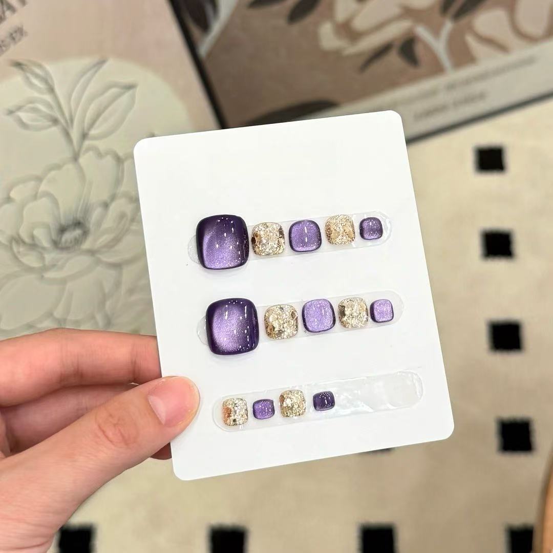 【紫金脚甲】纯手工脚趾穿戴甲14片装 紫色猫眼搭配金色亮片超显白