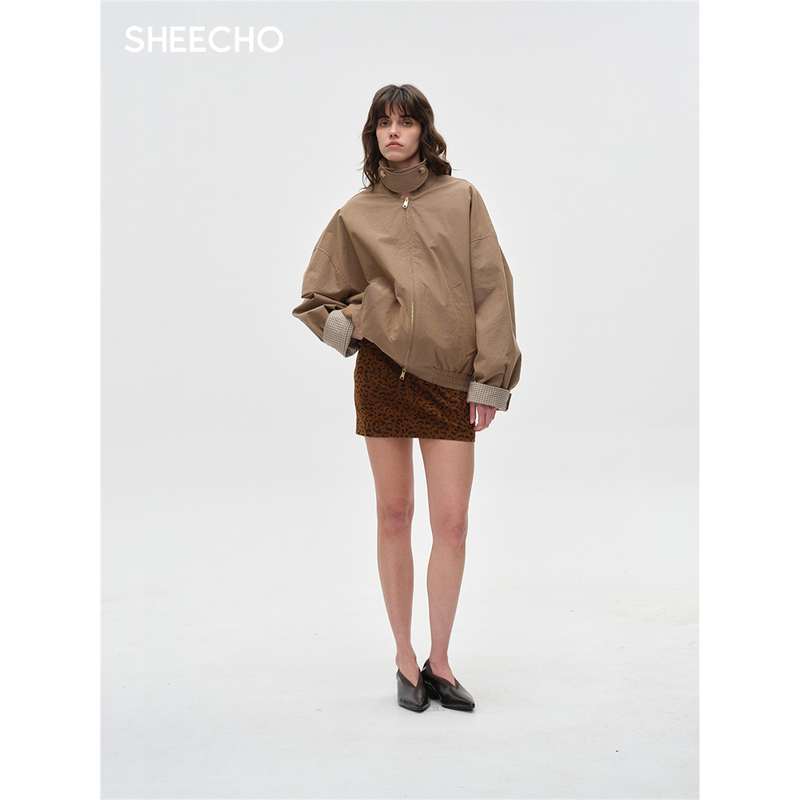 ASYUS设计师品牌25PF早秋豹纹羊皮革A字包臀短裙女裙SHEECHO