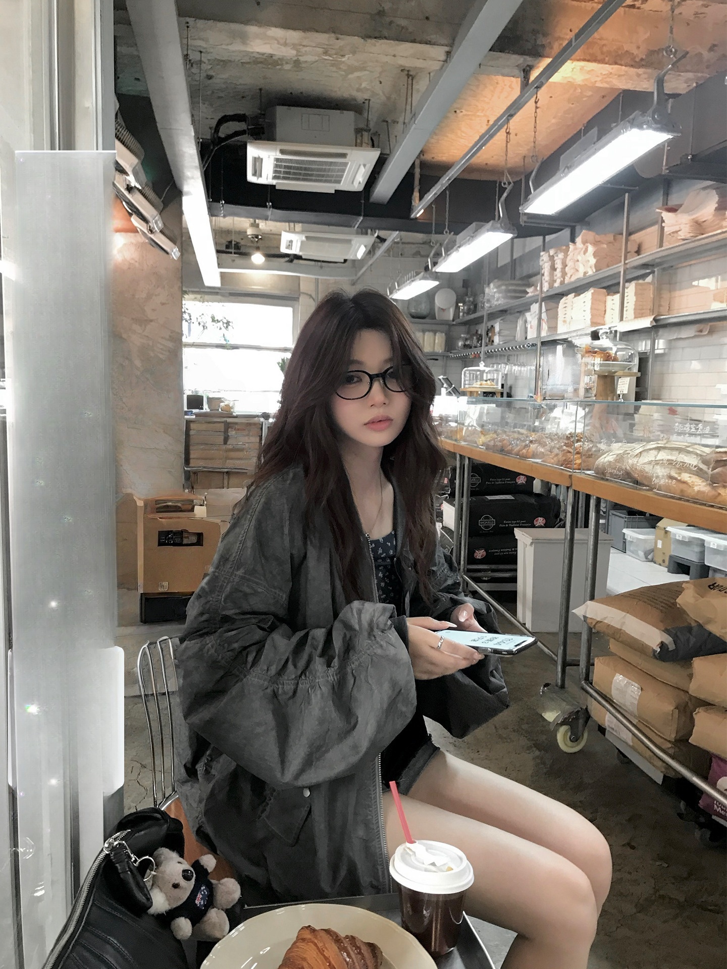 叶舒华同款 重工水洗做旧定制抽褶飞行夹克外套女