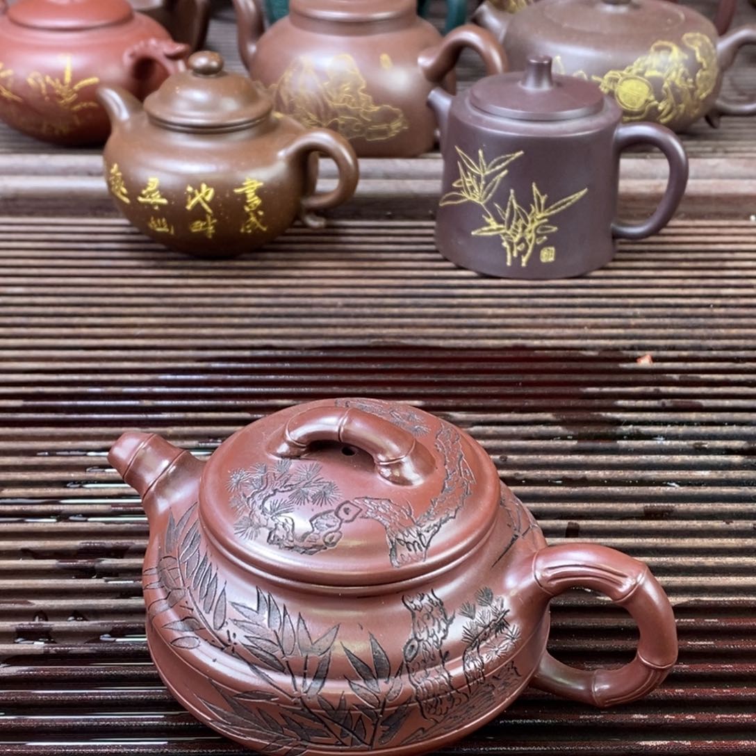 紫砂茶壶白5 双线竹鼓 龙血砂