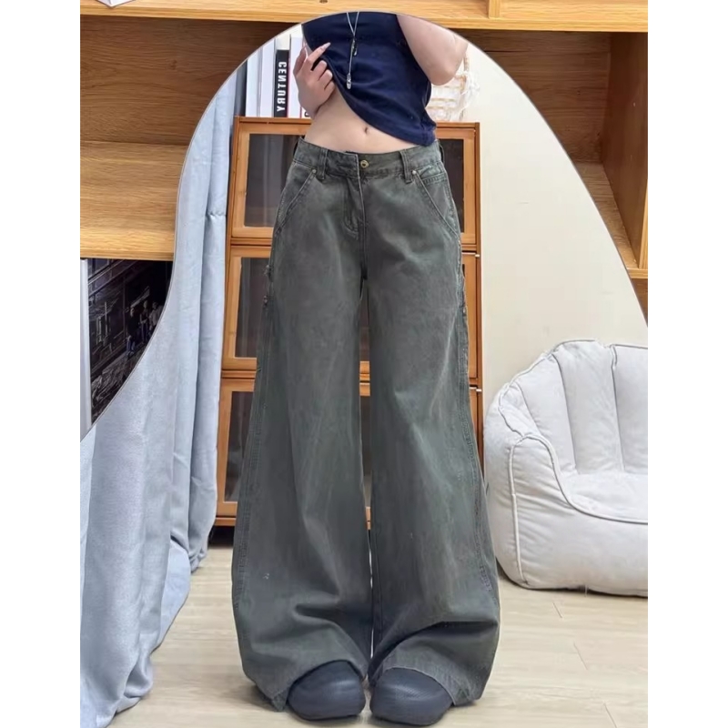 美式复古松弛感直筒工装牛仔裤女秋季高腰宽松垂感显瘦休闲拖地裤