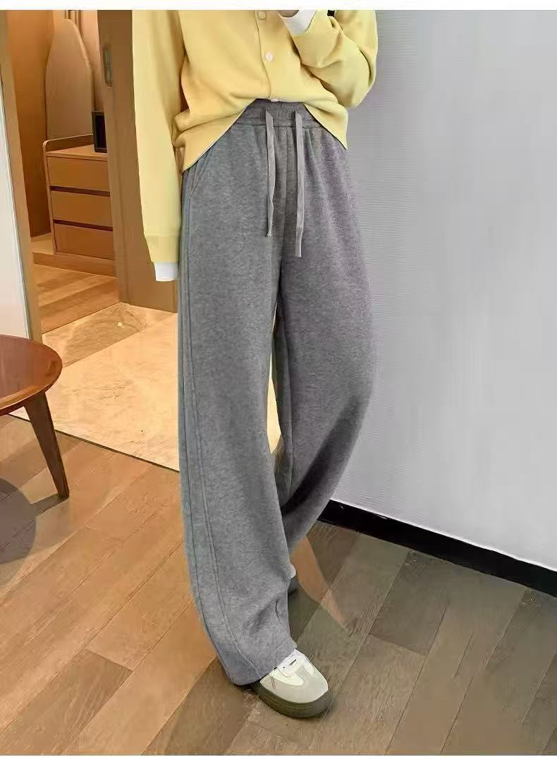 长裤厚款拼接加绒阔腿裤休闲直筒休闲裤纯色秋冬高腰 暖暖裤