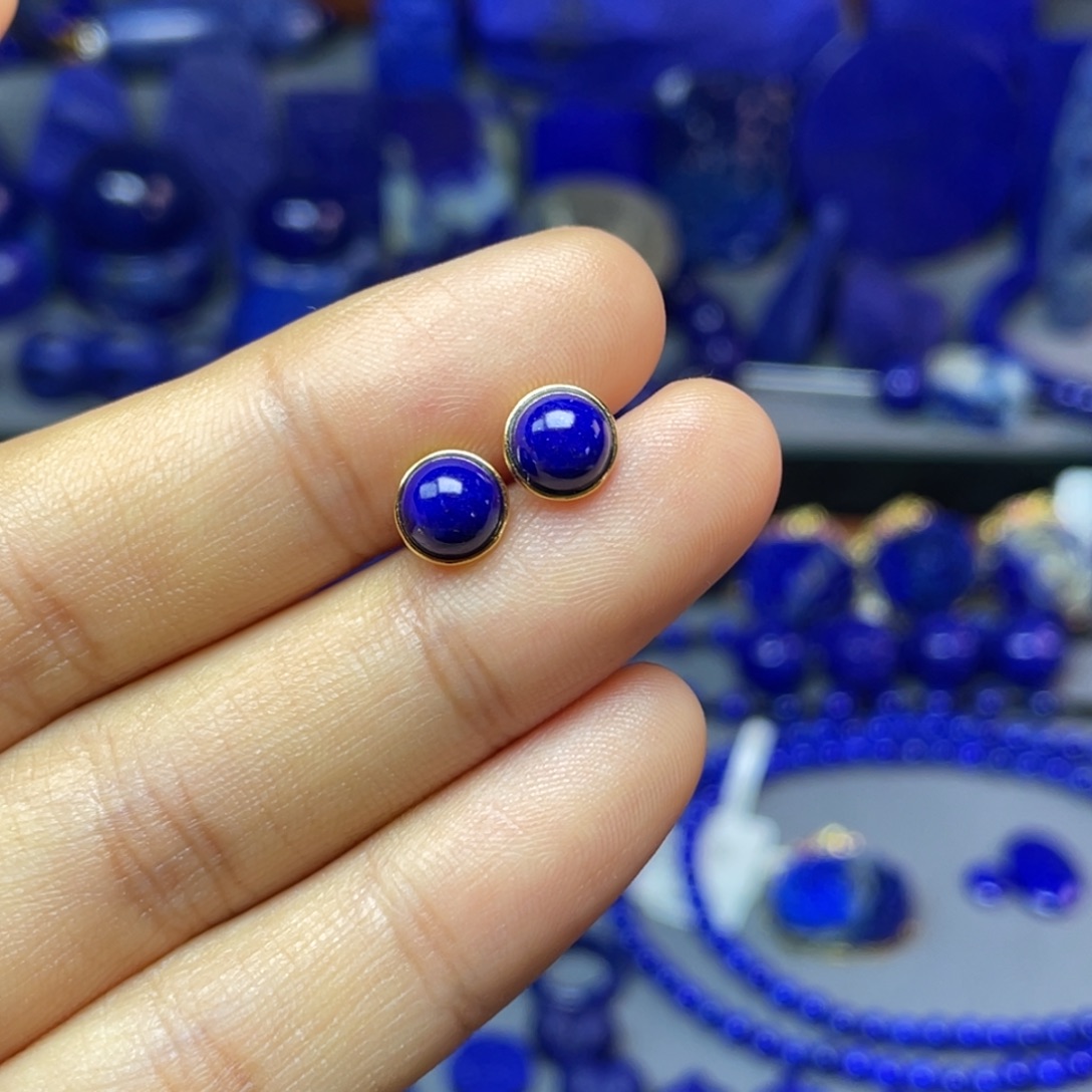 青金石银S925镀金镶嵌7mm耳饰