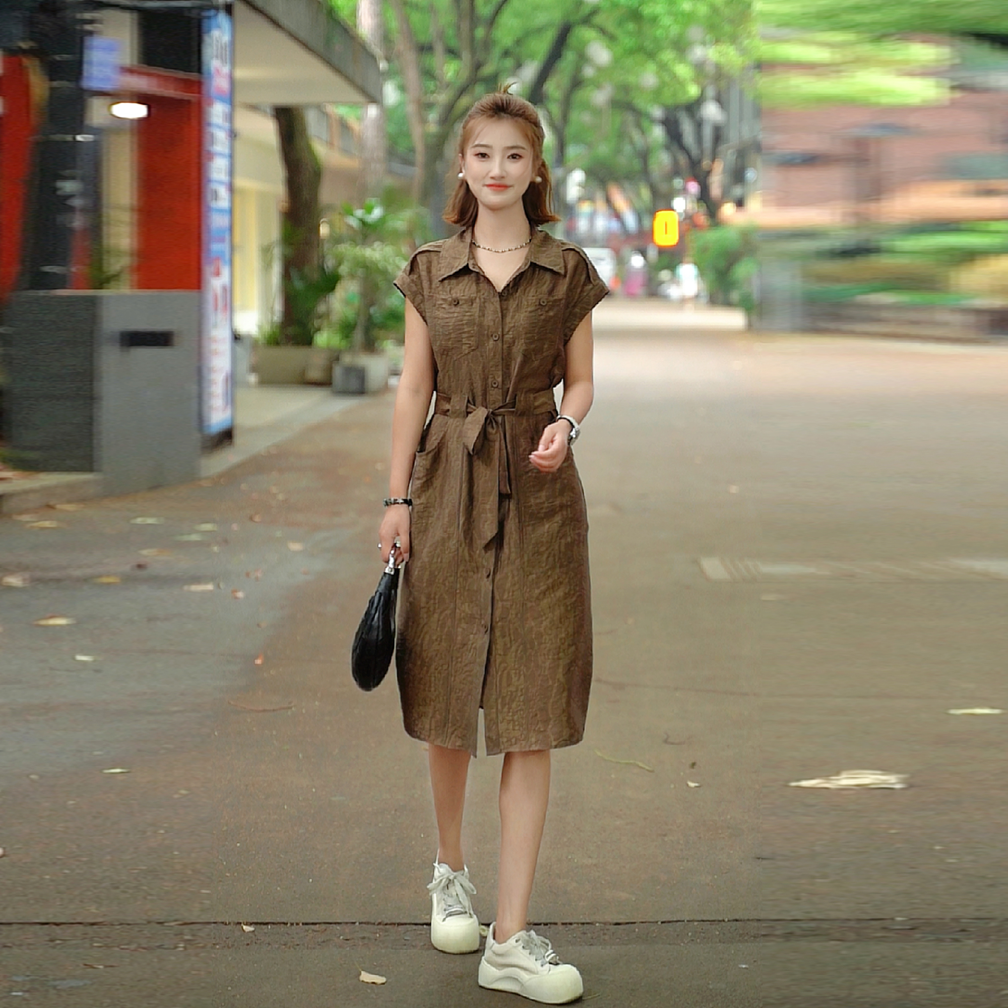 中长裙夏装衬衫领长裙裙子时尚短袖系带复古夏季连衣裙426