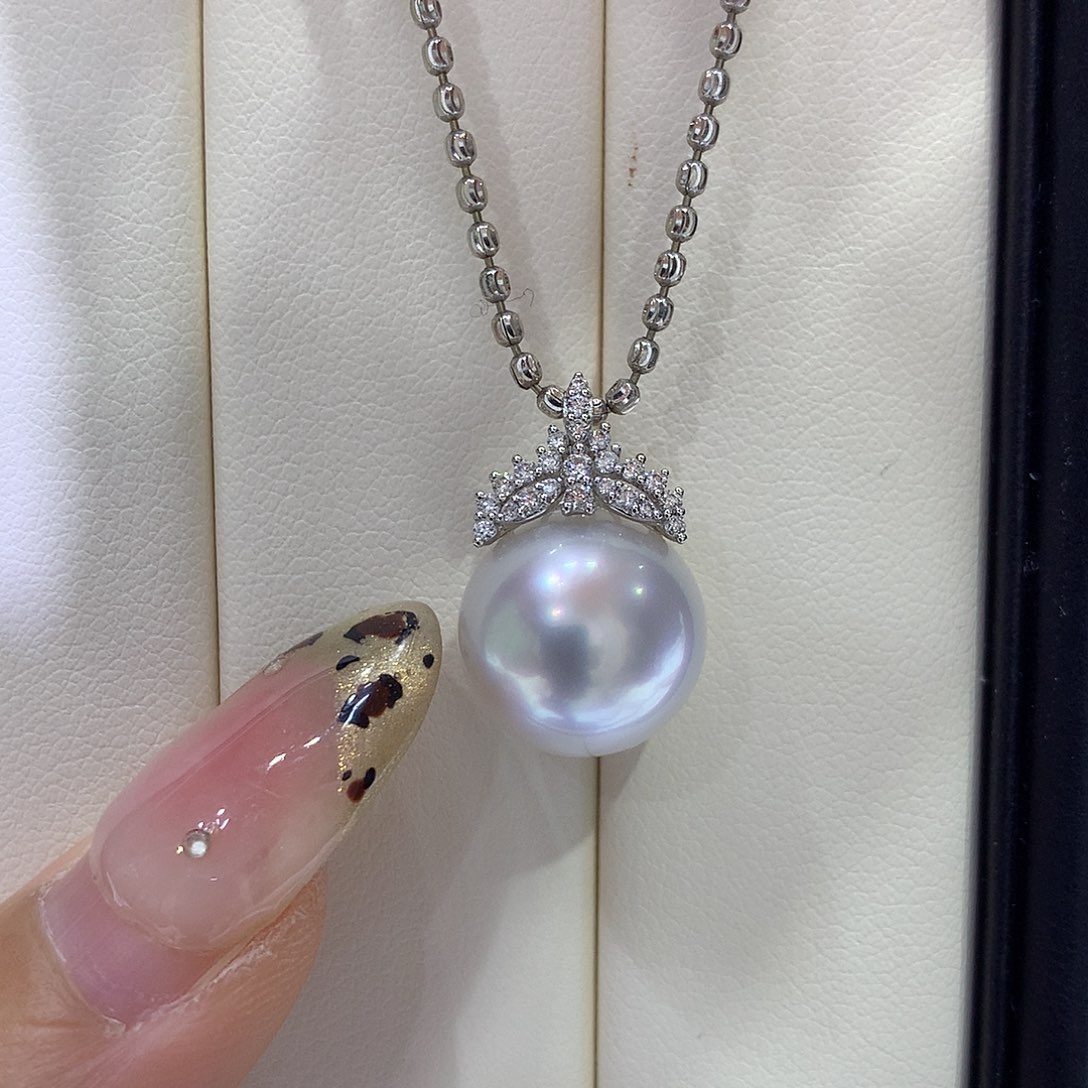 海水珍珠吊坠(不含链)18K金镶嵌13/14mm澳白