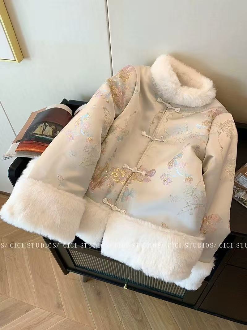 【扶苏】冬季上新立领加棉加厚保暖毛毛盘扣上衣时尚百搭女