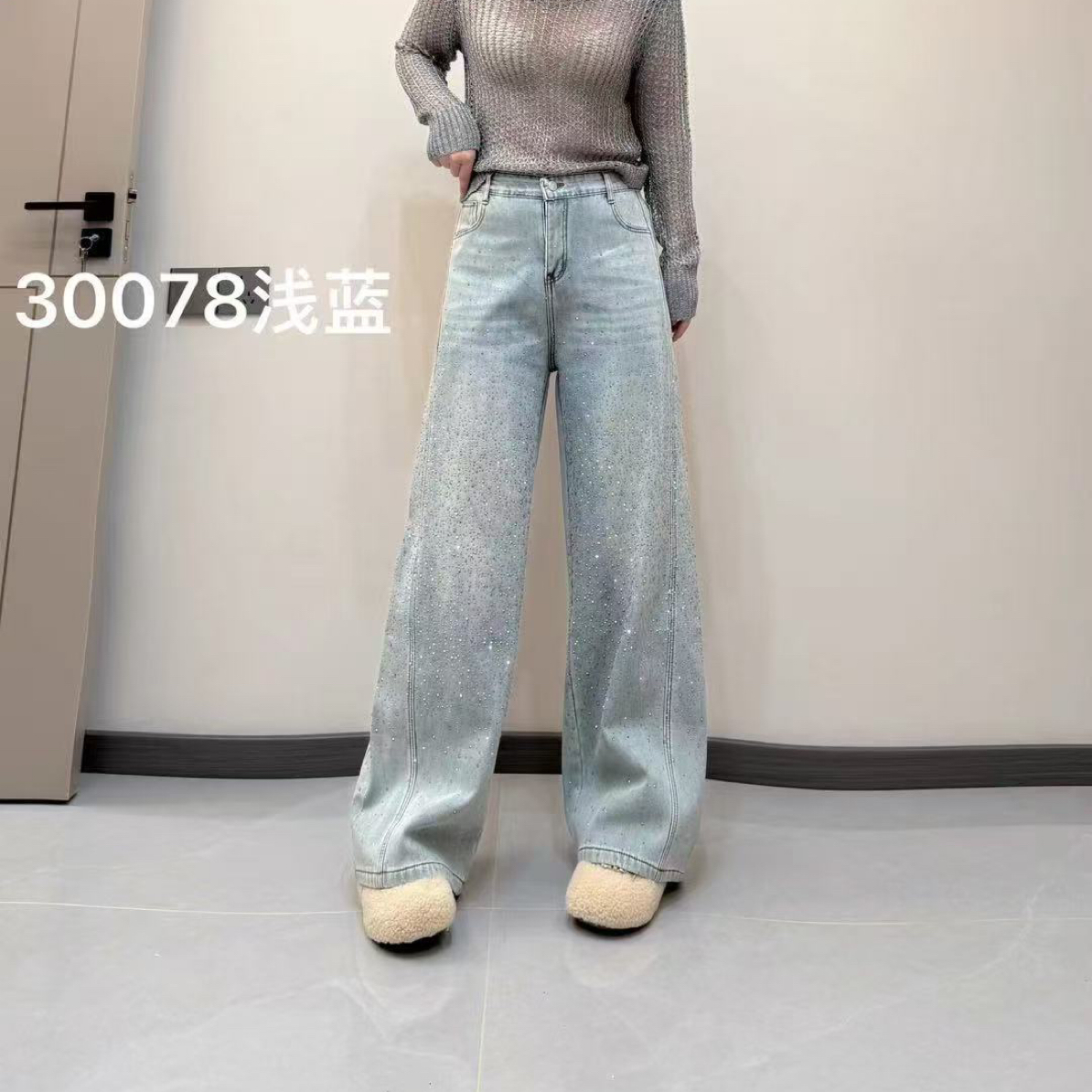 重工满钻满天星阔腿牛仔裤加绒宽松休闲弯刀裤女大码秋冬显瘦女裤