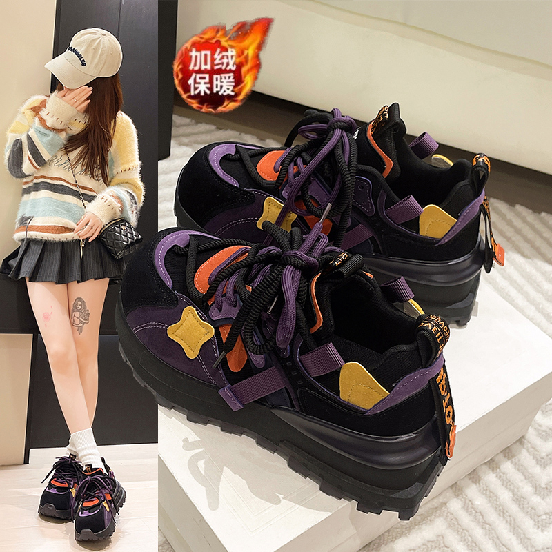 2025年秋冬新款百搭运动休闲阿甘鞋女韩版厚底增高防滑鸳鸯老爹鞋