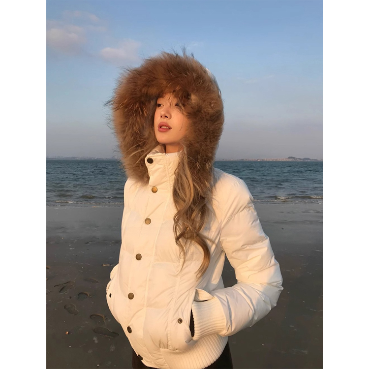白色大毛领羽绒服女冬季2025宽松加厚棉衣袄连帽白鸭绒面包服外套