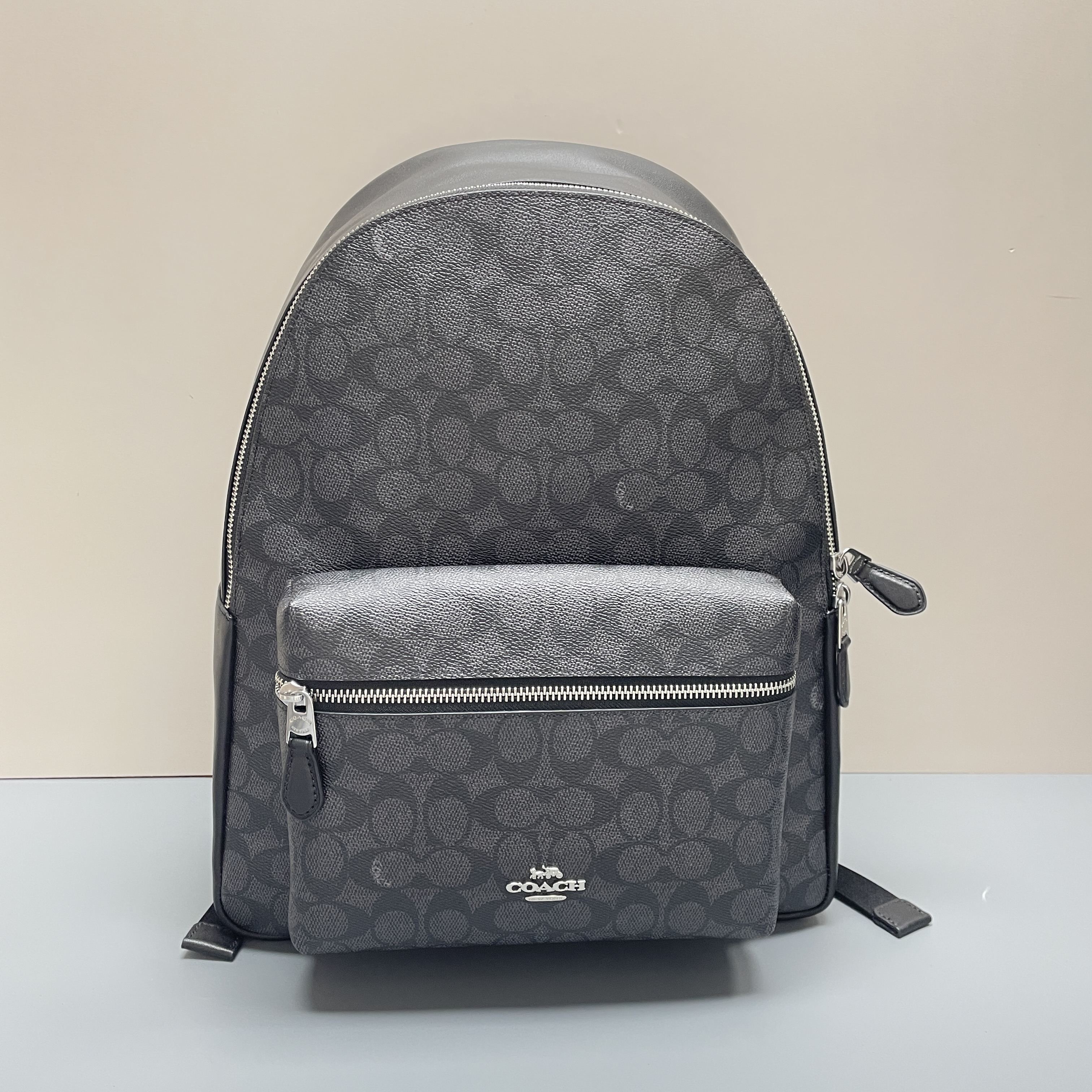 99新 COACH/蔻驰 黑色老花大号双肩包30*40*12cmM122708