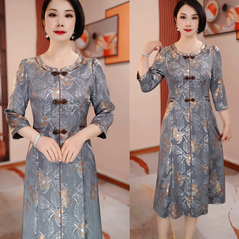 【现货】秋季新款灰色鎏金花气质连衣裙修身显瘦遮肉气质H5B175